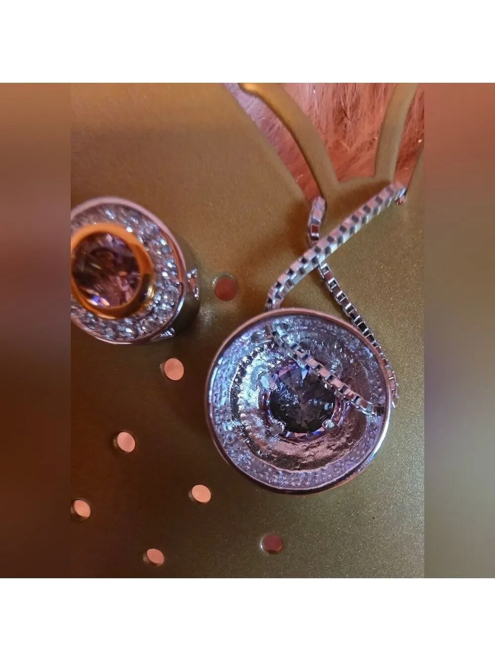 Vintage Silver Gold Tone Crystal Halo Pendant Necklace Earrings Set
